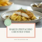 A piece of white fish topped with a toasted pistachio crust, served over parsnip for healthy midlife.
