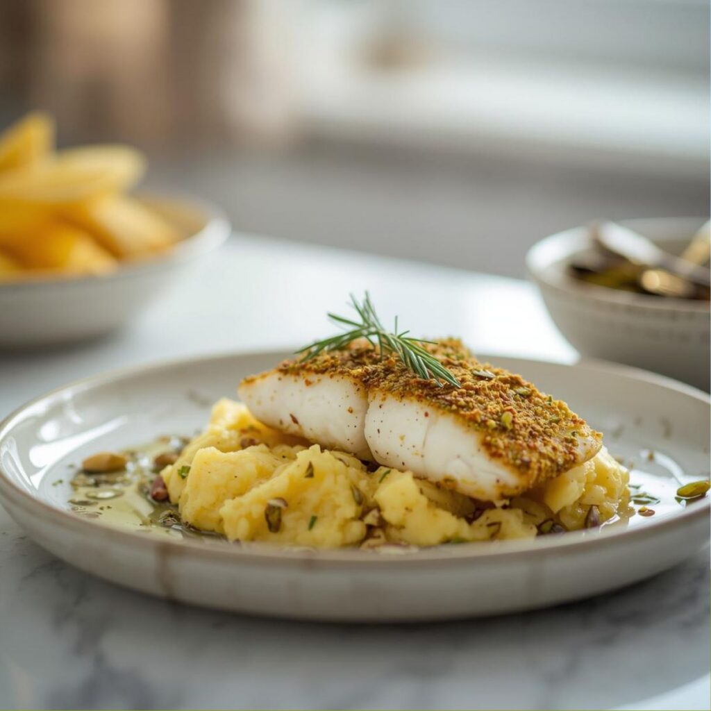 A piece of white fish topped with a toasted pistachio crust, served over parsnip for healthy midlife recipes.