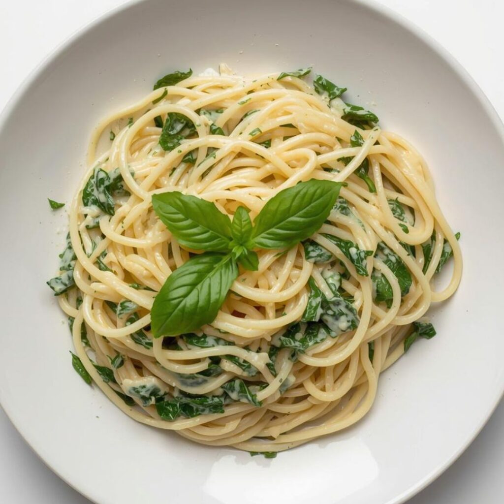A bowl of creamy cashew cream sauce pasta and greens, a perfect low-glycemic meal for managing energy during midlife. 