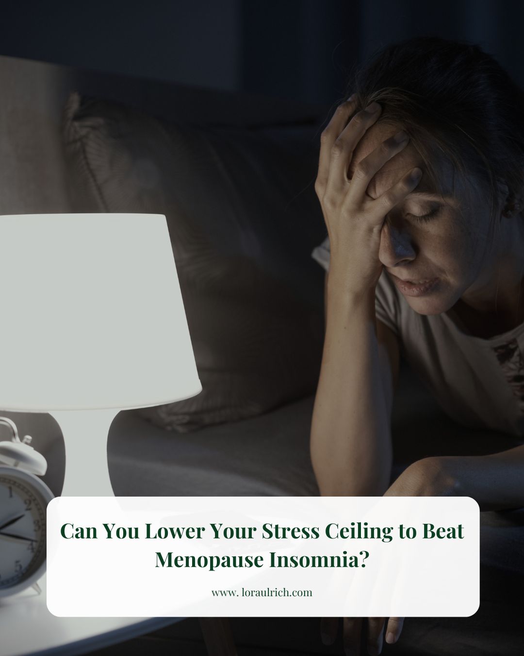 A midlife woman sitting up in bed at night looking exhausted and stressed, illustrating the struggle of menopause insomnia.