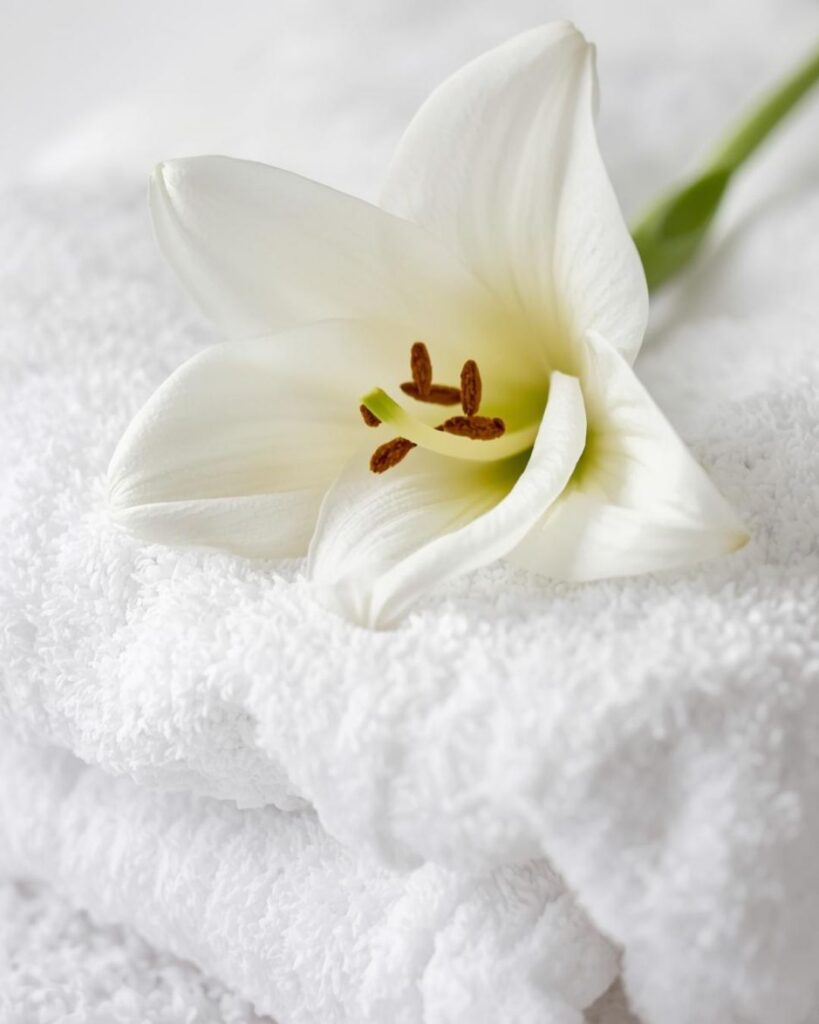 Soft white lily and plush cotton towels representing gentle, non-irritating care for sensitive skin during menopause.
