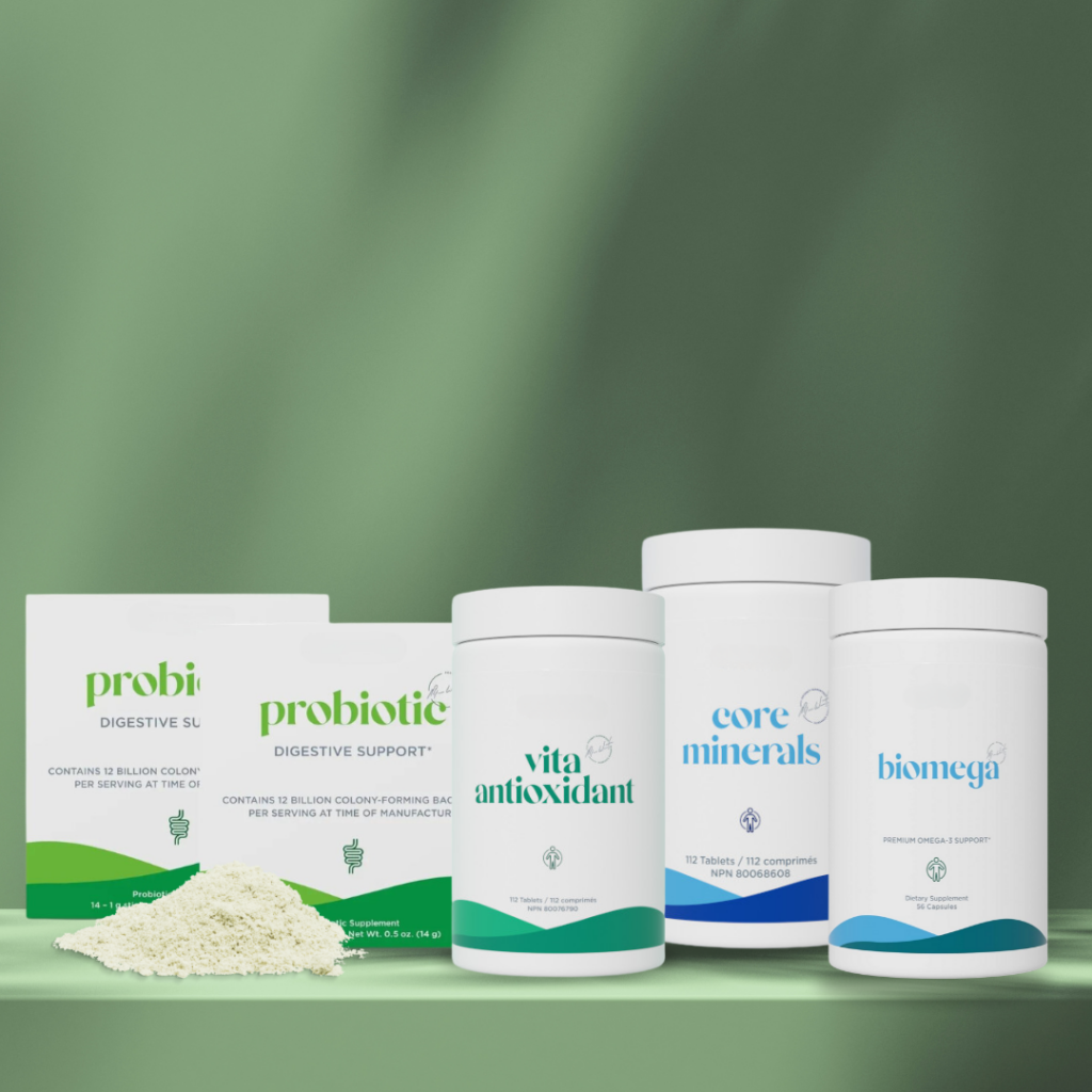 A set of foundational health supplements including micronutrients, omega-3 support, and probiotics arranged against a green background, highlighting products for cellular health, digestion, and midlife energy.