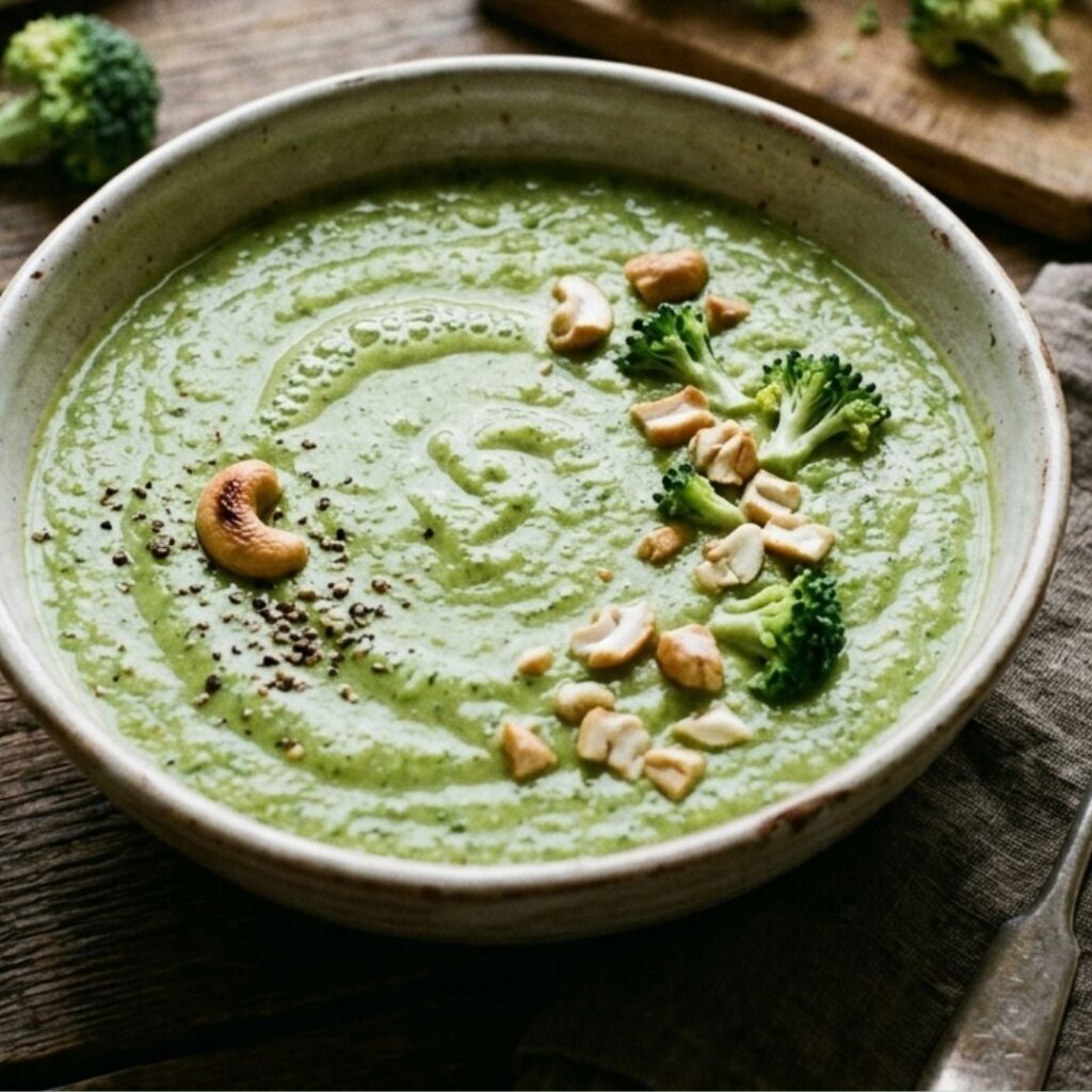 A close-up of creamy broccoli soup topped with cashews and fresh broccoli pieces.