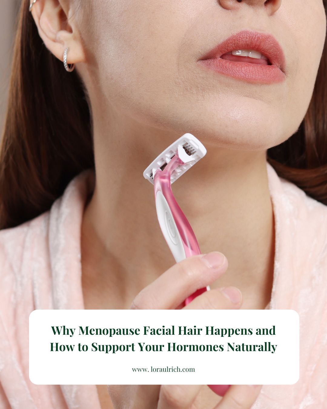 Woman shaving chin chair with a pink razor, representing menopause facial hair and midlife hormone changes.