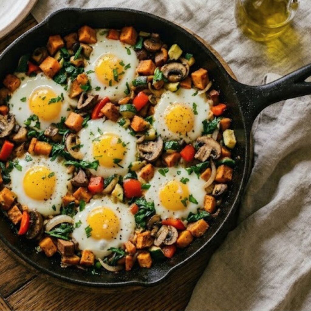 A one-pan sweet potato hash with zucchini, mushrooms, and spinach topped with six eggs in a black skillet.