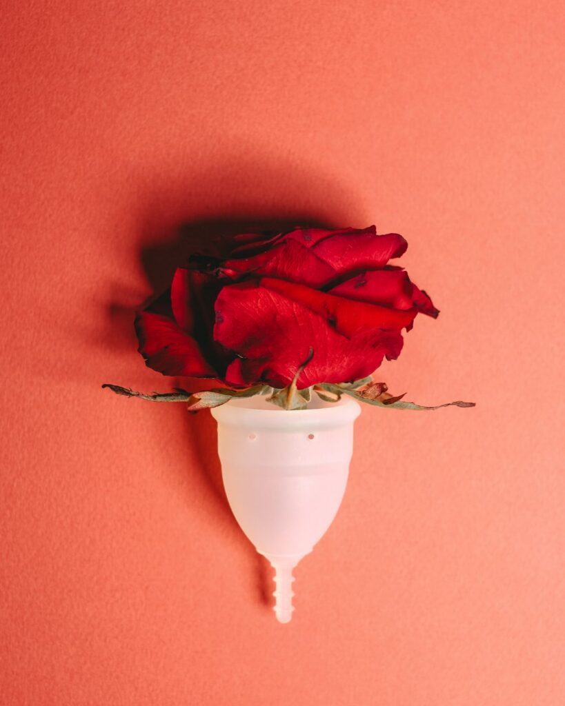 Red rose inside a menstrual cup illustrating prolonged bleeding and hormonal shifts during perimenopause.