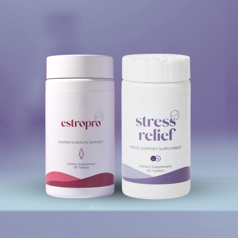 Perimenopause supplement for brain fog and hormone balance featuring EstroPro and Stress Relief mood support tablets.