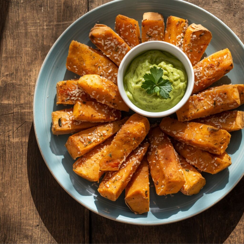 Roasted sweet potato bites served on a round plate with a center bowl of smooth avocado guacamole.