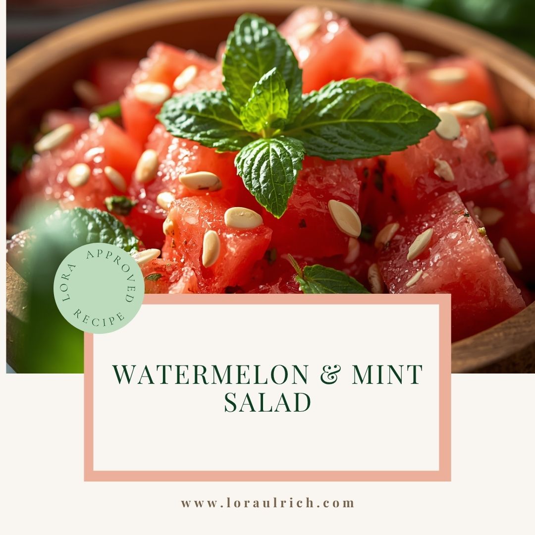 A close-up shot of a watermelon and mint in a wooden bowl, a refreshing recipe for menopause.