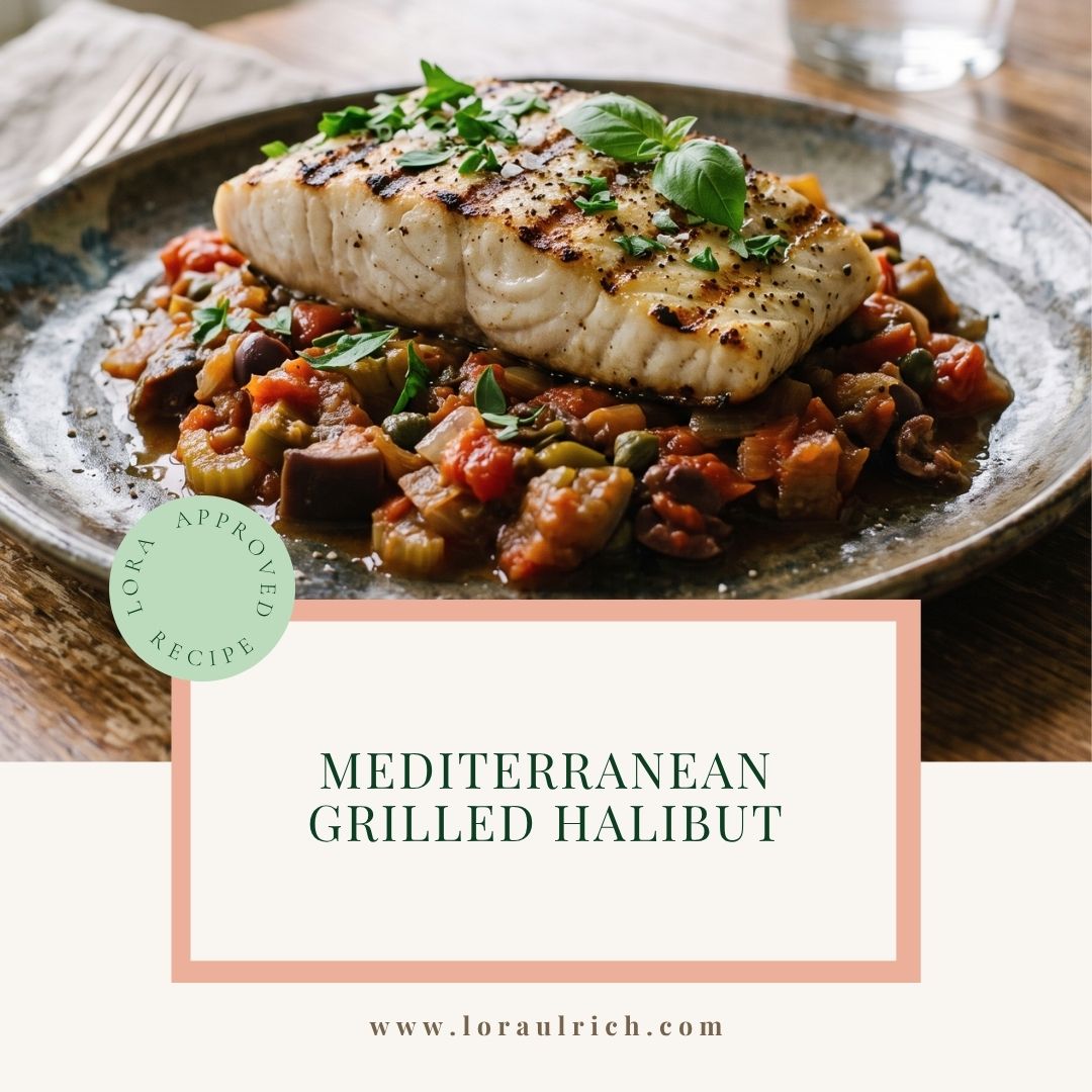 Grilled Mediterranean halibut served over warm eggplant and tomato caponata on a plate, a healthy fish recipe for midlife women.