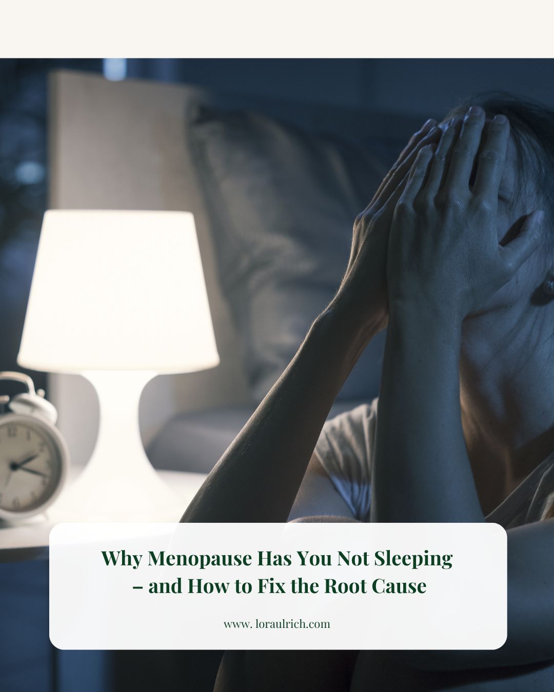 Exasperated woman sitting in a dim bedroom covering her face in frustration, struggling with sleep problems and menopause insomnia.