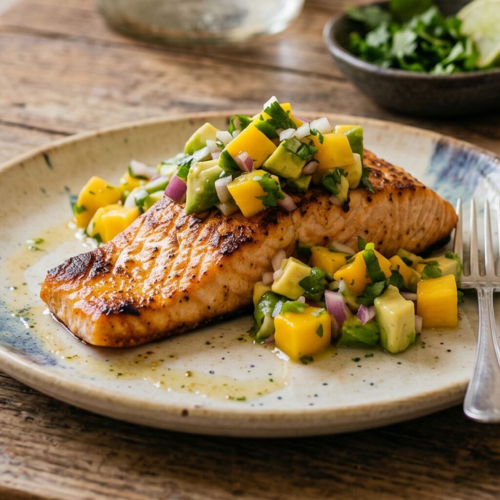 Grilled salmon with a chunky mango avocado salsa, cilantro, and lime, ready to serve as a dairy-free summer meal.