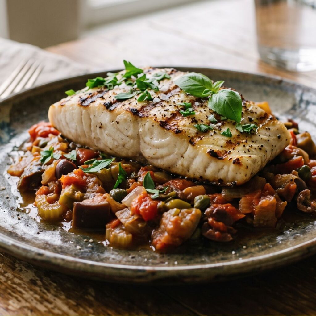 Healthy fish recipe for midlife featuring flaky grilled halibut fillet plated over warm eggplant caponata on a wooden dining table.