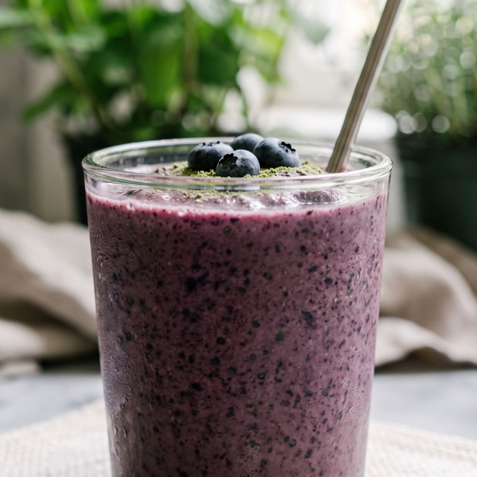 A thick textured matcha smoothie in a clear glass, with a close-up of fresh blueberries and matcha powder topping.