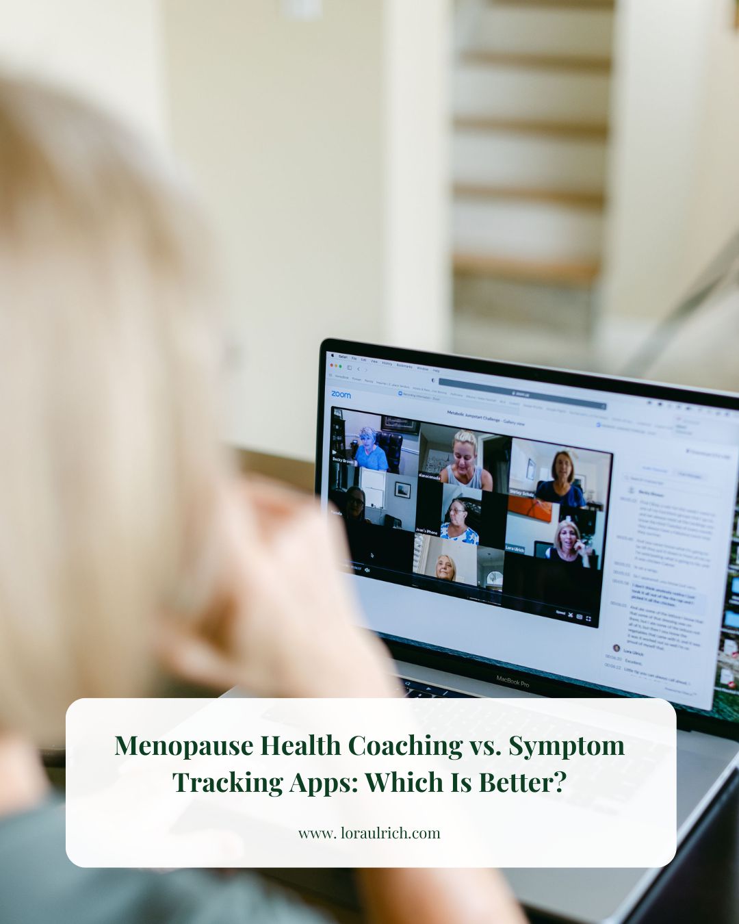 Menopause health coach hosting an online interactive online group program via Zoom, contrasting with standalone menopause symptom tracking apps.