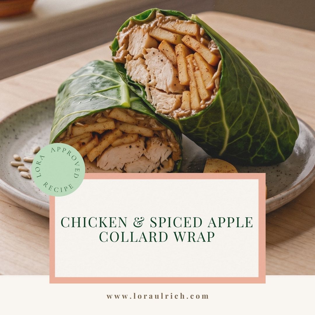 High-protein chicken and spiced apple collard green wrap sliced in half on a plate for an easy gluten-free breakfast.