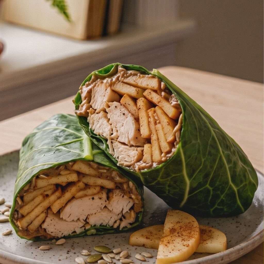 Fresh collard green wrap filled with sliced chicken breast, warm cinnamon apples, and seed butter for a low-glycemic midlife meal.