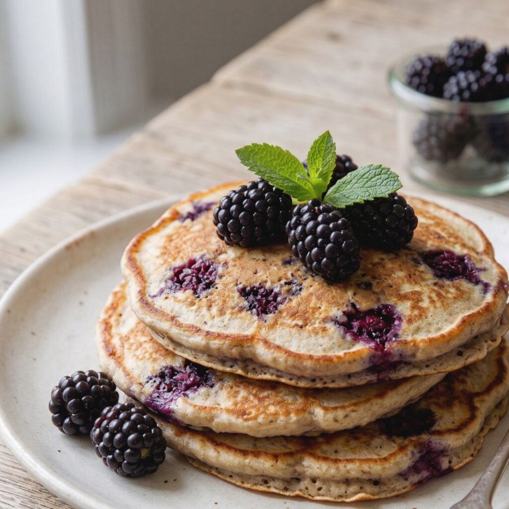 A plate of warm almond flour low carb pancakes with baked-in blackberries, topped with fresh berries and mint.