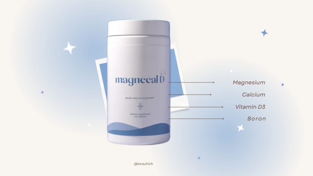 Bottle of MagneCal D perimenopause bone support supplement surrounded by ingredient callouts for Magnesium, Calcium, Vitamin D3, and Boron.