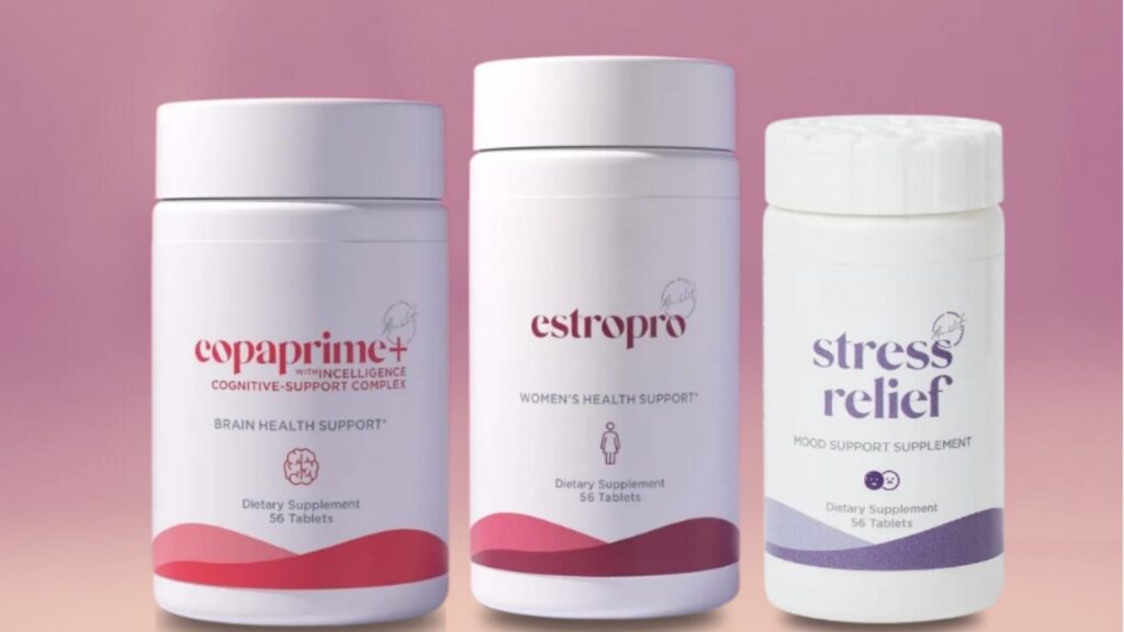 Three bottles from the Ultimate Hormone Pack for Menopause featuring Copaprime+, Estropro, and Stress Relief supplements.